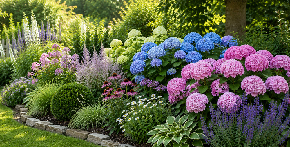 Der Sommergarten mit Hortensien, Rosen und Stauden.