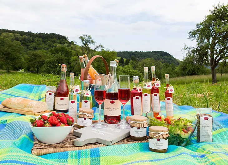 Picknick auf der Wiese mit Likören, Marmeladen und Erdbeeren